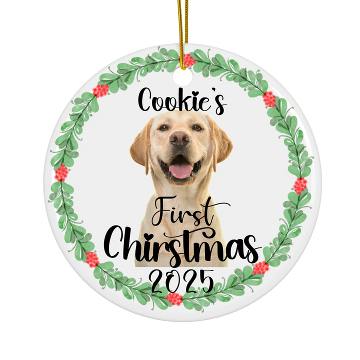 Personalized First Christmas Wreath Dog Photo Ornament Version 1