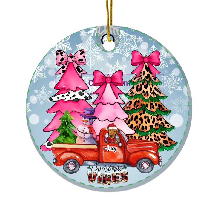 Personalized Dog Christmas Ceramic Ornament – Custom Red Truck with Leopard Pine Trees